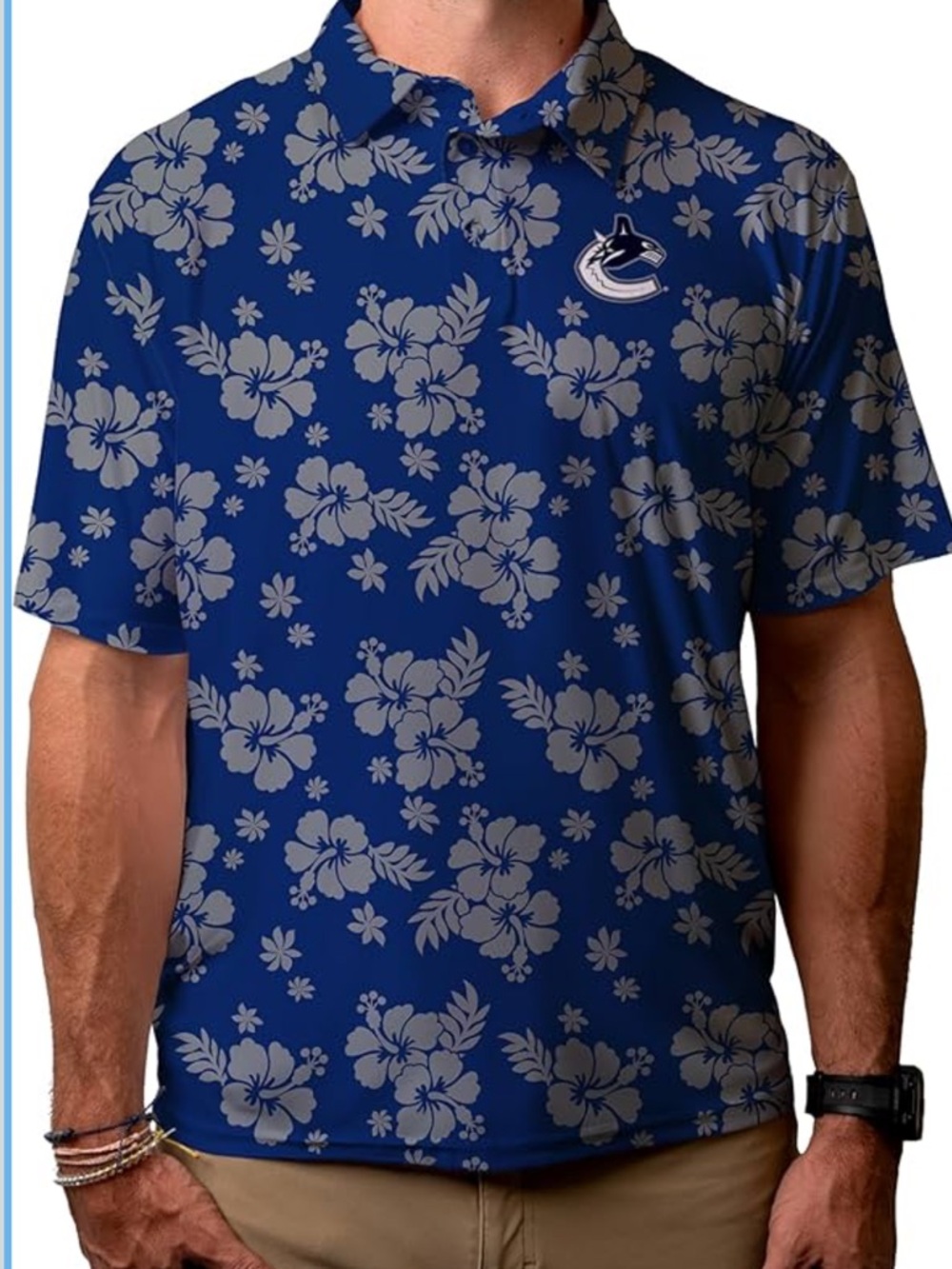 NFL Men's Navy Blue Floral Polo with Beige Hibiscus Print
